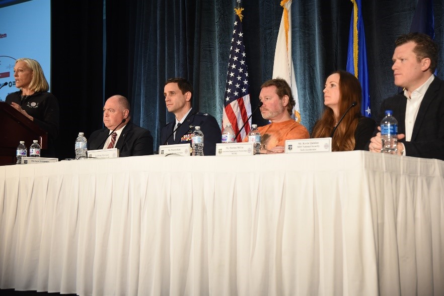 The AFCEA New Horizons panel (left to right): Joyce Sidopoulos, Mr. Joe Bradley, Col Mike McGinley, Warren Katz, Marissa McCoy, and Kevin Quinlan